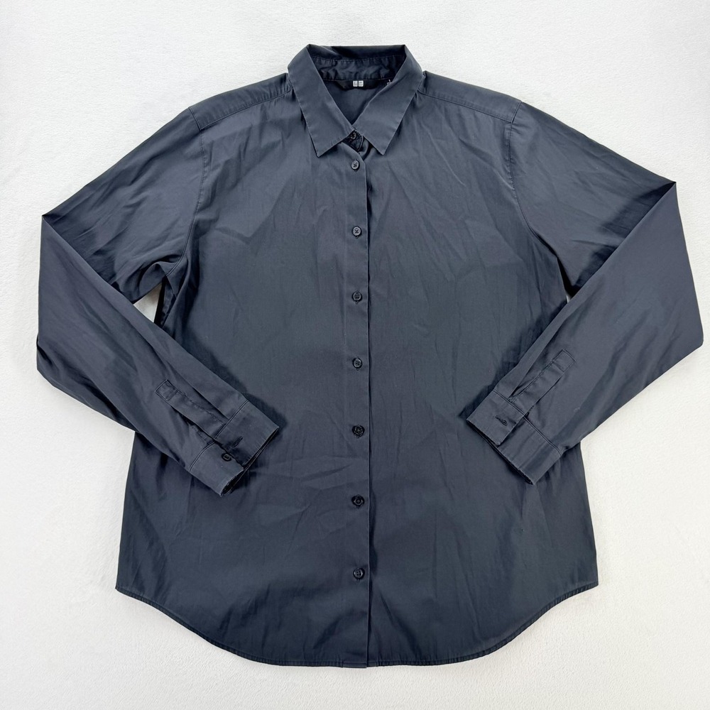 Uniqlo Shirt Mens Large Black Gray Long Sleeve Dress Button Regular Lightweight